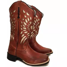 Bota Texana Feminina Laser Pinhão Sola Preta Bico Quadrado