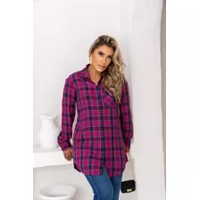 Camisa Revanche Manga Longa Feminina Xadrez Preta Rosa