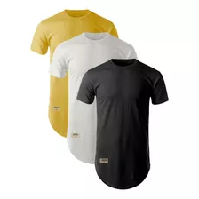 Kit Camisetas Longline Barbado Preta Branca E Amarela