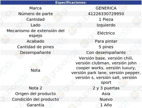 Espejo Izq Elect P/pintar C/desemp 5 Pines Cooper 02 Al 10 Foto 2