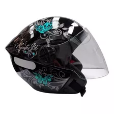 Capacete Aberto Ebf Spark Jet Borboleta Preto E Verde Azul