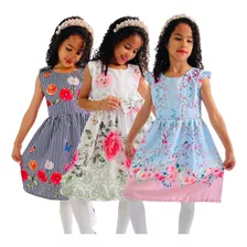 Kit 3 Vestidos Estampas Florais Menina Princesa Casual Festa