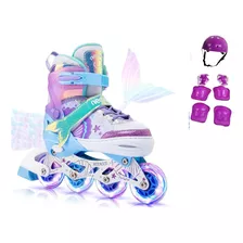 Patins 4 Rodas Inline Infantil Led +kit Proteção Sereia 