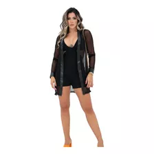 Sobretudo Cardigan Manga Longa Em Tule Preto R058