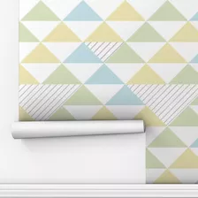 Papel Parede Triângulo Geométrico Verde Azul Amarelo 5m