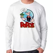 Camiseta Manga Longa Blusa Frio Popeye Espinafre Lata Redond