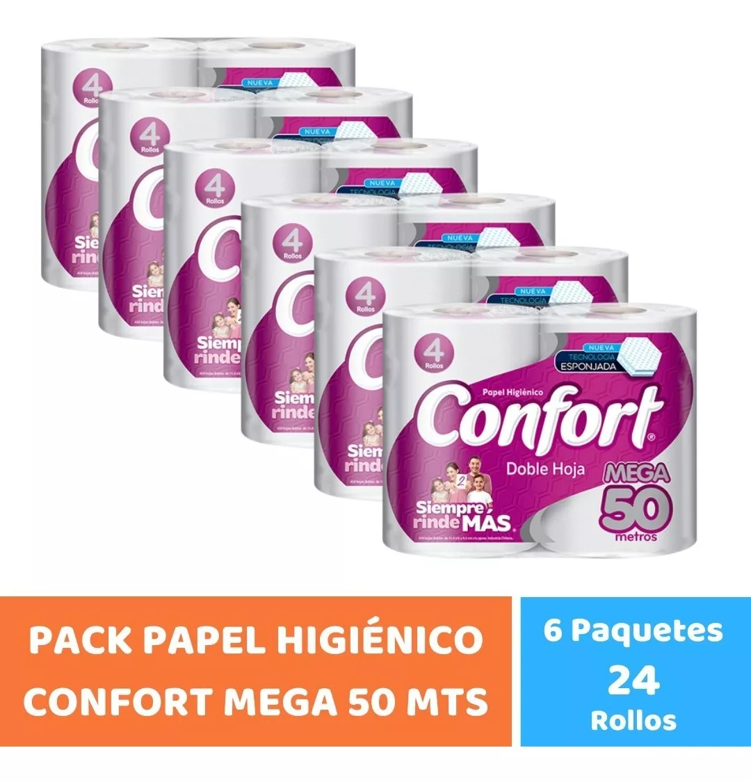 Pack Papel Higiénico Confort Mega 50 Mts X 24 Rollos