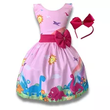 Vestido Infantil Temático Dinossauro Rosa Luxo + Tiara 