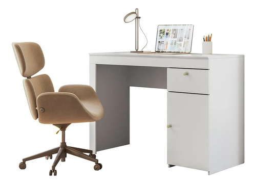 Escrivaninha Compacta Gavetas Porta Mesa De Estudo Moderna Branco