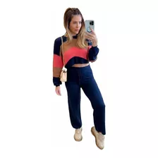 Conjunto Tricot Calça Boca De Sino Blusa Cropped Manga Longa