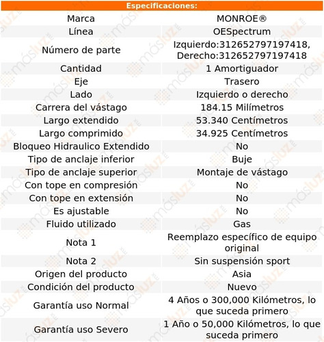 (1) Amortiguador Tra Oespectrum Gas Der O Izq Z3 Bmw 96/02 Foto 2