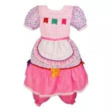 Vestido Festa Junina Infantil Rosa Claro Arraiá Bandeirinhas