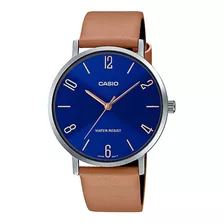 Reloj Casio De Vestir Mtp-vt01l-2b2, Semiplano, Correa-cuero Color De La Correa Marrón Claro Color Del Bisel Plateado Color Del Fondo Azul Acero