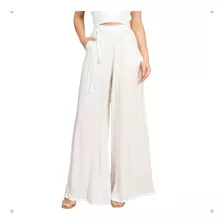 Calça Pantalona Feminina Lisa Viscose Cós Alto De Elástico