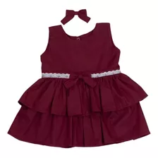 Vestido Marsala Infantil Com Presilhas De Laço 100% Algodão