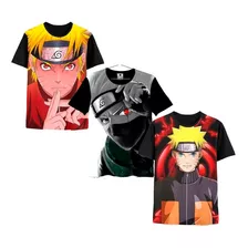 Kit 3 Camisa Camiseta Full Anime Naruto Uzumaki & Kakashi