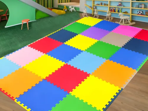 Conjunto 9 Tatame Bloco Infantil 50x50cm 1cm Montar Brincar Colorido Liso