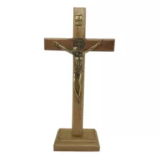 Crucifixo Mesa 19cm Madeira Maciça Natural Medalha São Bento