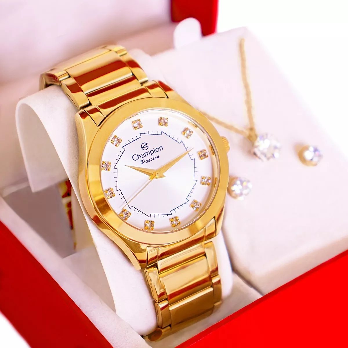 Relógio Champion Feminino Dourado Ch24759w + Colar E Brincos