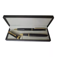 Conjunto Caneta Black Gold Tinteiro Esfero Estojo Presente