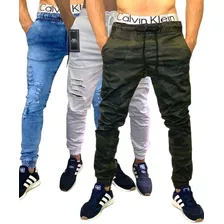 Kit Com 3 Calça Jogger Jeans Destroyed Masculina