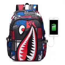 Mochila Escolar De Tiburón Impermeable Infantil Con Usb Para Niños Viaje Laptop 15,6 Inch Pokachila