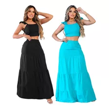 Kit 2 Conjunto Elegante Saia Maxi E Top Cropped Blogueira