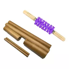Kit Bambu + Rolo Massagem Turbinada Modeladora Bambuterapia Cor Lilás