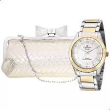 Relógio Feminino Champion Bicolor Analógico + Bolsa Clutch Cor Do Bisel Dourado Cor Do Fundo Branco