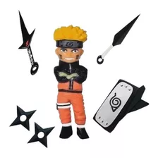 Kit Cartela Boneco 15cm Naruto + Bandana + Kunai + Shuriken