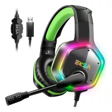 Audífonos Gamer Eksa E1000 Usb, Pc, Ps4 &ps5 Color Negro/verde Color De La Luz Rgb