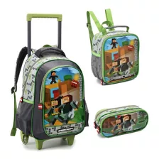 Kit Mochila Rodinha Infantil Escolar Minecraft Game 3 Peças