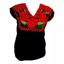 Blusa Bordada Con Rosas Rojas. Incluye Faja Lisa