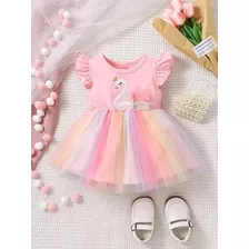 Vestido Infantil Bebê Rosa Tule Cisne Colorido Princesa