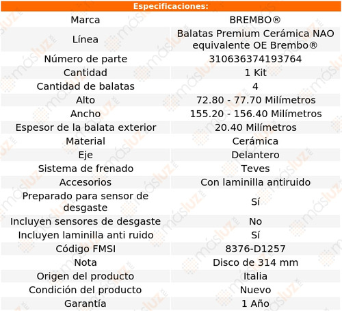 Balatas Ceramicas Del Saab 9-3 03/07 Brembo Foto 3