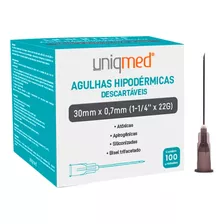 Agulha Hipodermica 22g 30x7 (22gx1 1/4) Cx/100 Uniqmed