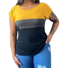 Blusa Camiseta Feminina Malha Fria Com Faixas 