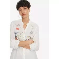 Blusa Desigual Mujer, Camisa Desigual, Blanca Con Flores