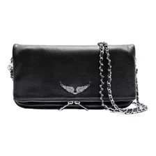 Cartera Clutch Zadig Y Voltaire Rock Diseño Liso De Cuero Bovino Noir Con Correa De Hombro Plateado/negra