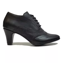 Zapato Taco Alto Cordones De Vestir Mujer Cuero Art 614