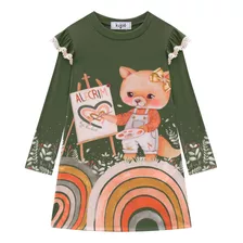 Vestido Infantil Inverno Manga Longa Verde Raposinha Kukiê