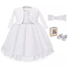 Vestido Luxo Bebe Menina Batizado Infantil Branco C/ Bolero