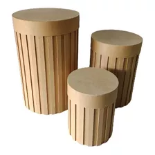 Trio De Mesa Cilindro Ripado Mdf Cru Para Decoração P,m,g