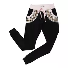 Calça Jogger Legging Feminina Moletom Com Pedraria Bordada