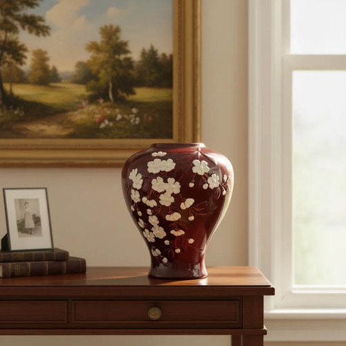 Vaso De Porcelana Floral Alto Relevo Bordô Vintage Vermelho Floral