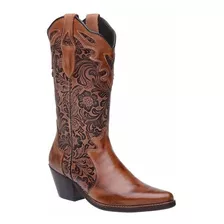 Bota Feminina Texana Estampada Floral Montaria - 100% Couro