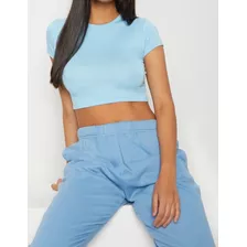 Blusa Feminina Básica Cropped Manga Curta Gola Redonda