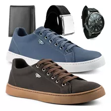 2 Pares Sapatênis Casual Masculino + Relógio Cinto Carteira