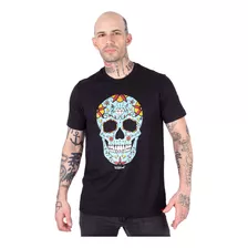 Camiseta Preta Masculina Caveira Mexicana Catrina Diamante