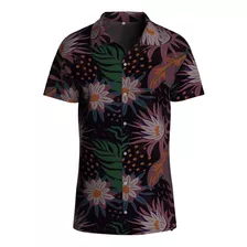 Camisa Estampa Total Flor Tropical De Botão Manga Curta Meio